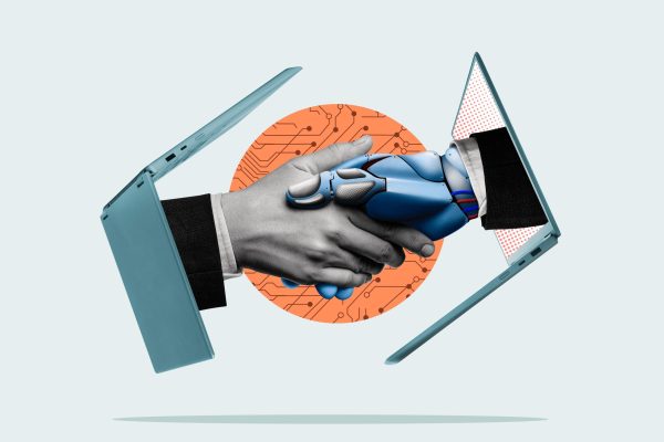 Handshake,Of,Man,And,Robot.,Modern,Technologies.,Art,Collage.