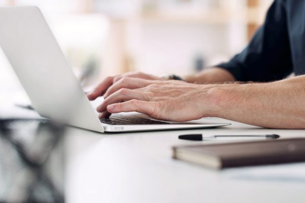 Business,,Hands,And,Man,With,Laptop,,Typing,And,Research,For