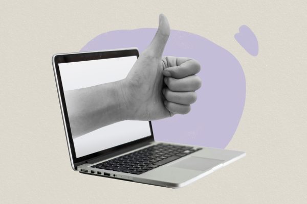 Thumbs,Up,Hand,Gesture,Coming,Out,Of,Laptop.,Good,Job