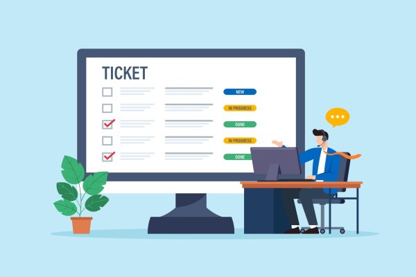Flat,Illustration,Of,Employee,Reviewing,Support,Tickets,With,Dashboard,Status