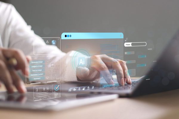 Chat,With,Ai,Or,Artificial,Intelligence.,Young,Businesswoman,Chatting,With