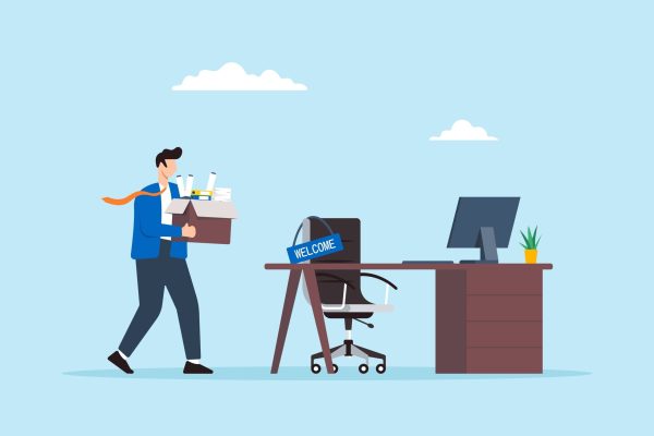 Flat,Illustration,Businessman,Walk,To,Welcoming,Office,Desk,Hold,Box