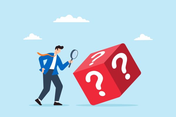 Businessman,Examines,Dice,With,Question,Mark,Using,Magnifying,Glass,,Illustrating