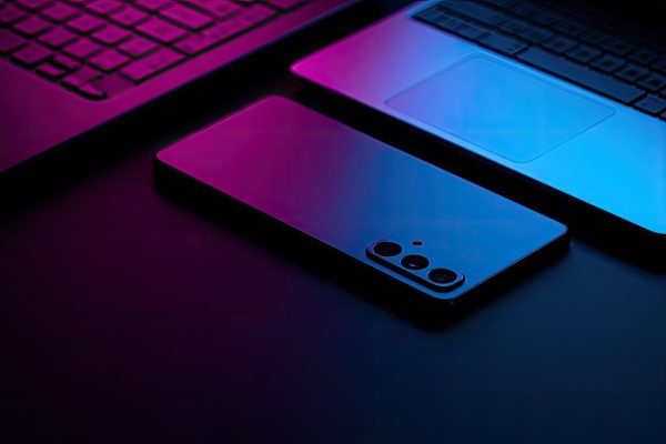 A,Sleek,Smartphone,And,A,Laptop,Are,Placed,On,A
