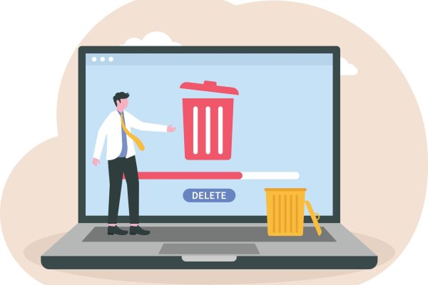 Man,Cleaning,Computer,,Pc,,Laptop,With,Trash,Can,Sign.,User